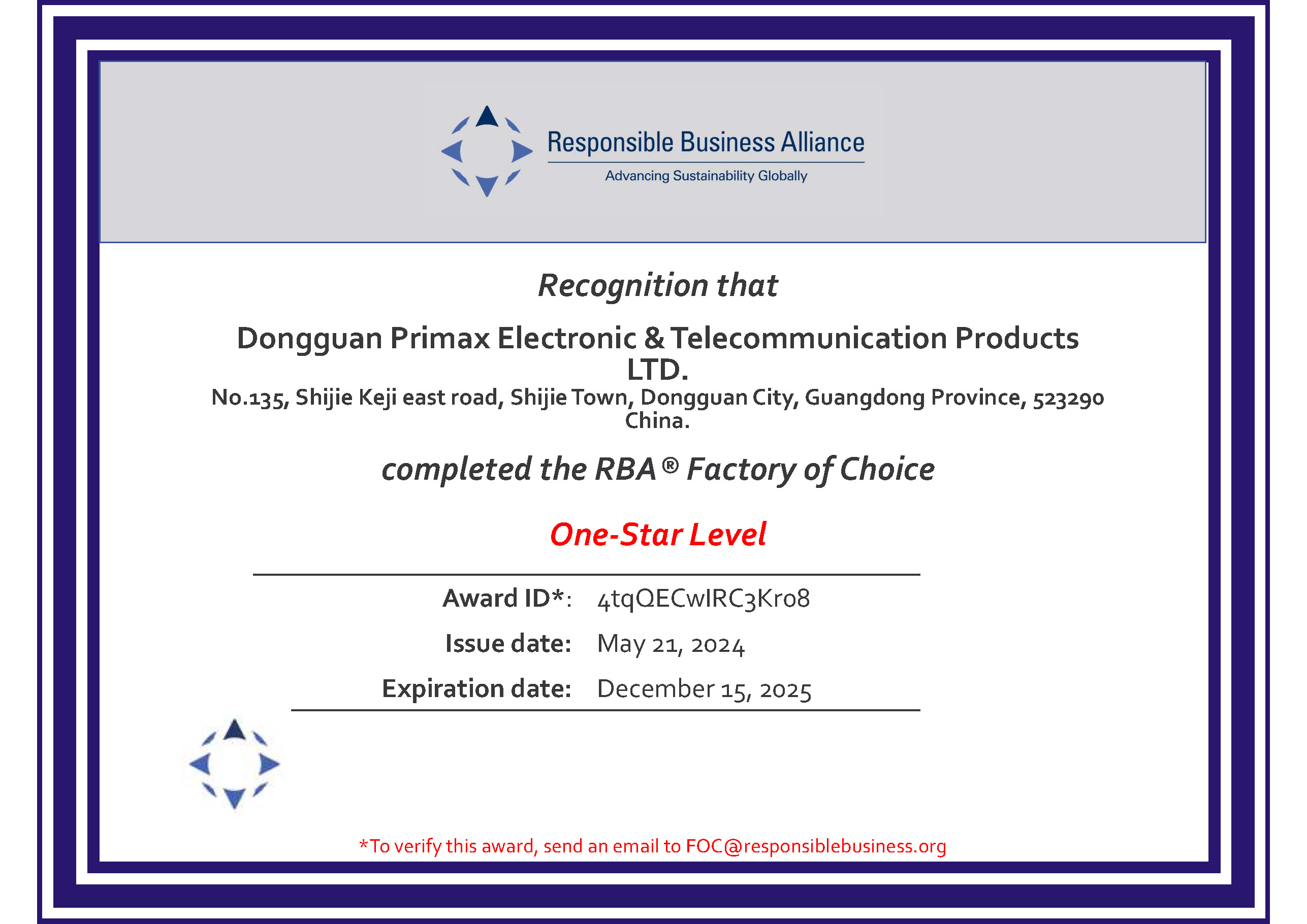 2024 25 RBA Dongguan Primax Electronic Telecommunication Products LTD